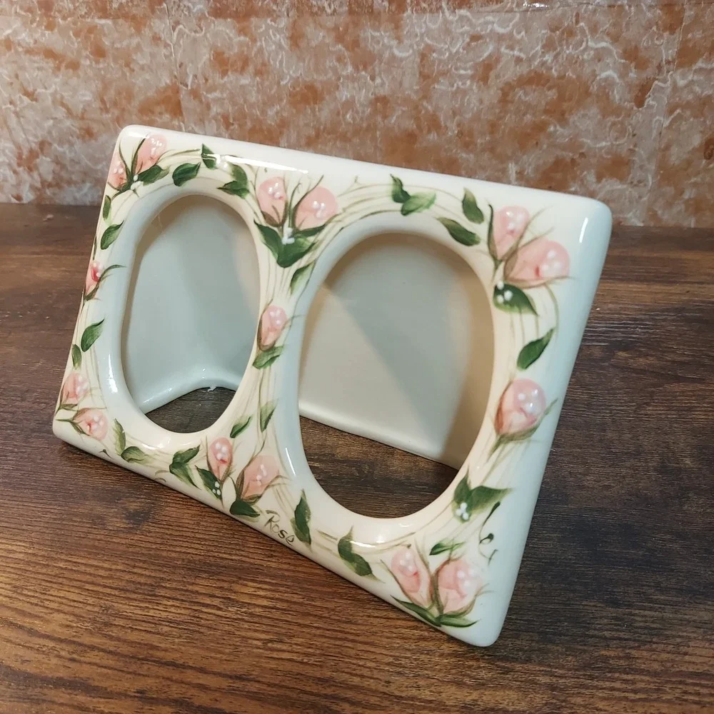 Hand Painted Ceramic Double Rosebud Picture Frame 4x7 Pink Floral Cottagecore